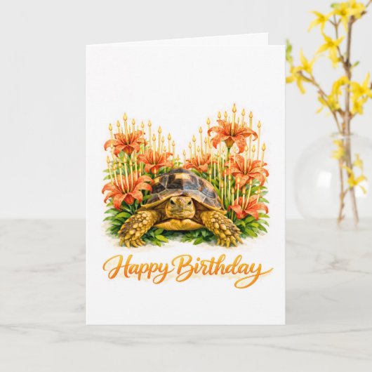 Happy Birthday Sulcata turtle with Orange Lilies Karte (Gelbe Blume)