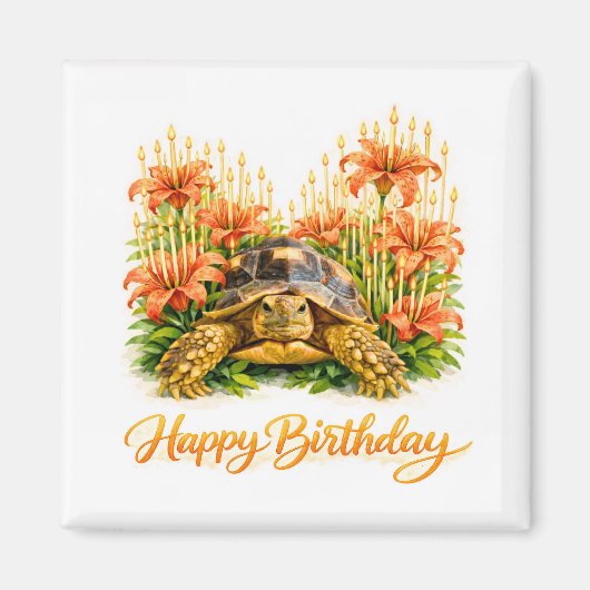 Happy Birthday Sulcata turtle with Orange Lilies Magnet (Vorne)