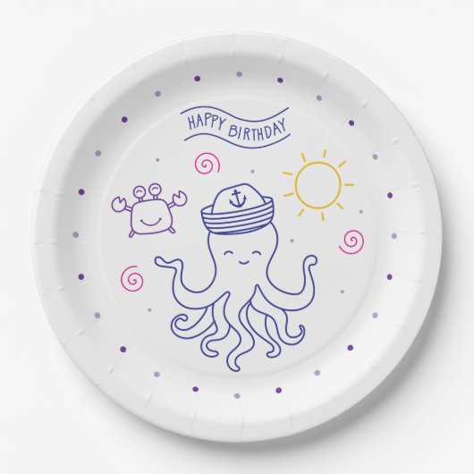 happy birthday summer theme octopus pappteller (Vorderseite)