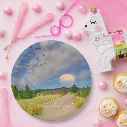 Happy Birthday Sunset Path To Beach Pappteller (Party)