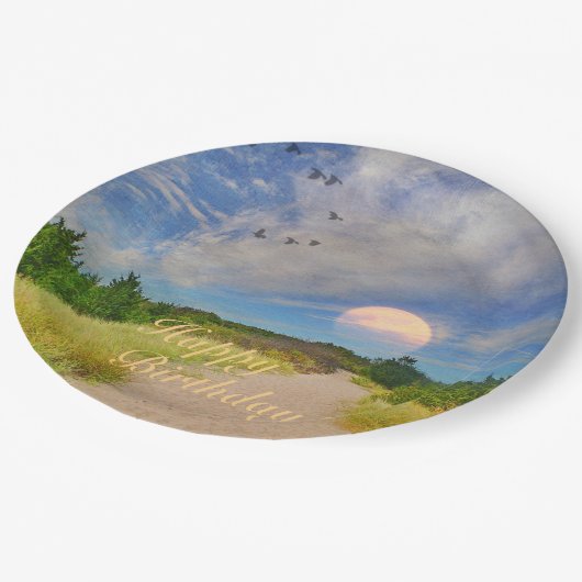 Happy Birthday Sunset Path To Beach Pappteller (Schrägansicht)