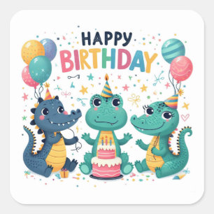 Happy Birthday Süße Krokodile feiern  Quadratischer Aufkleber
