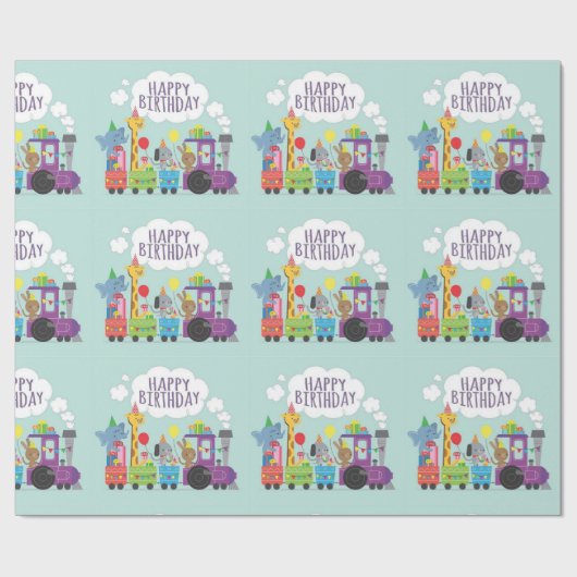 Happy Birthday Süße Tier Train Geschenkpapier (Flach)