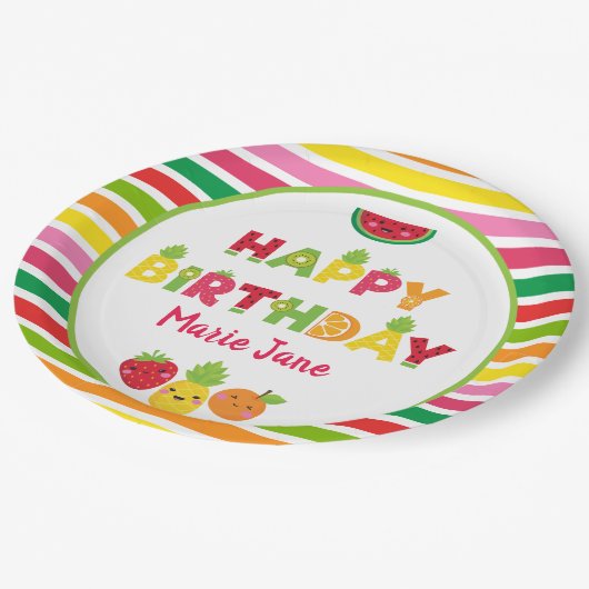 Happy Birthday Süßobst Pappteller (Schrägansicht)