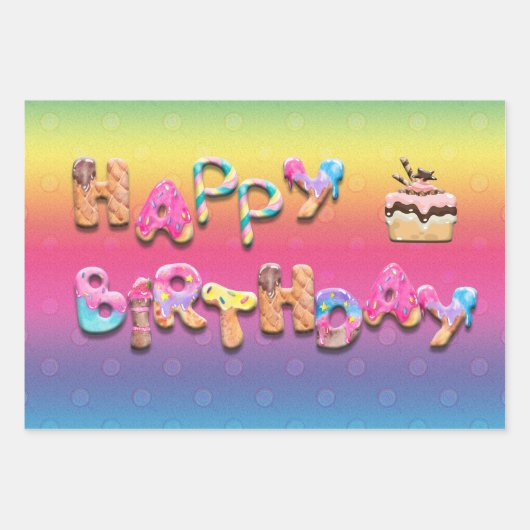 Happy Birthday Sweet Leckereien farbenfroh Geschenkpapier Set (Vorderseite)