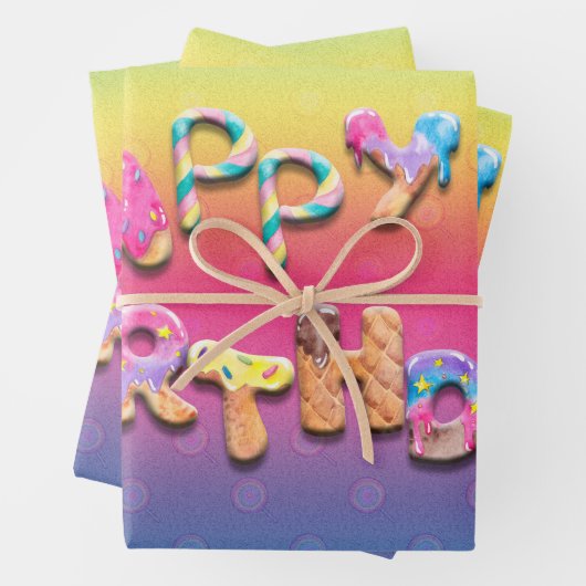 Happy Birthday Sweet Leckereien farbenfroh Geschenkpapier Set (Beispiel)