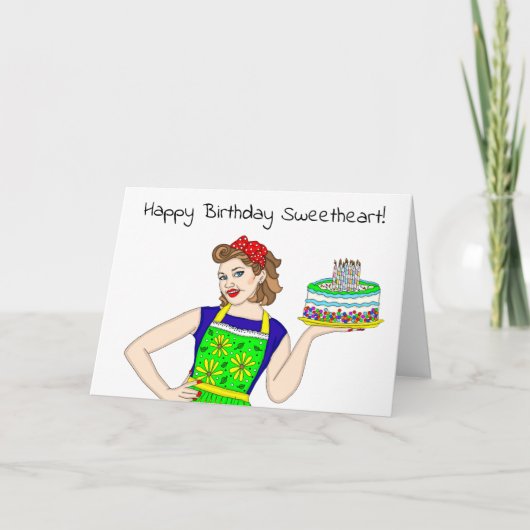 Happy Birthday Sweetheart Retro Lady Holding Cake Karte (Vorderseite)