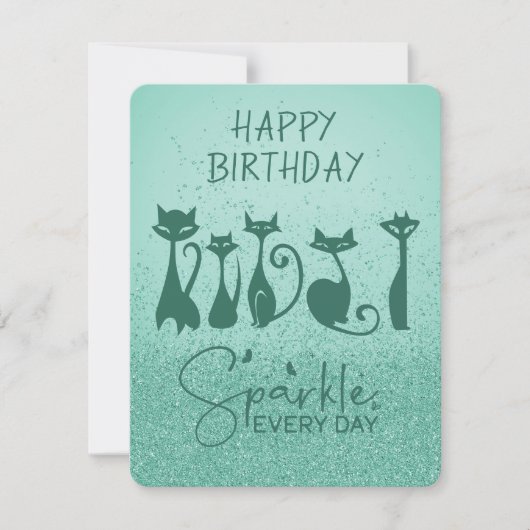 Happy Birthday Tall Cat Aquamarin Green Glitzern Mitteilungskarte (Vorderseite)