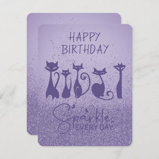 Happy Birthday Tall Cat Lila Glitzern Mitteilungskarte (Vorne/Hinten)