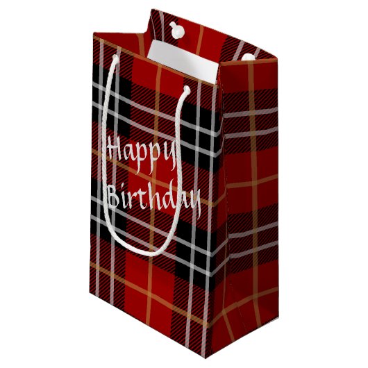Happy Birthday Tartan Kariert Kleine Geschenktüte (Vorderseite Schrägansicht)