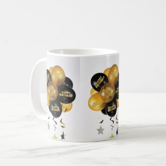 Happy Birthday Tasse Black Gold Balloons (Vorderseite Links)