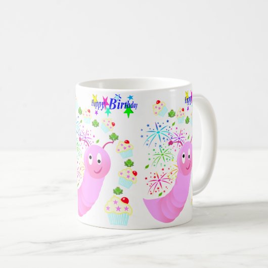 Happy Birthday Tasse Pink Worm Confetti (VorderseiteRechts)