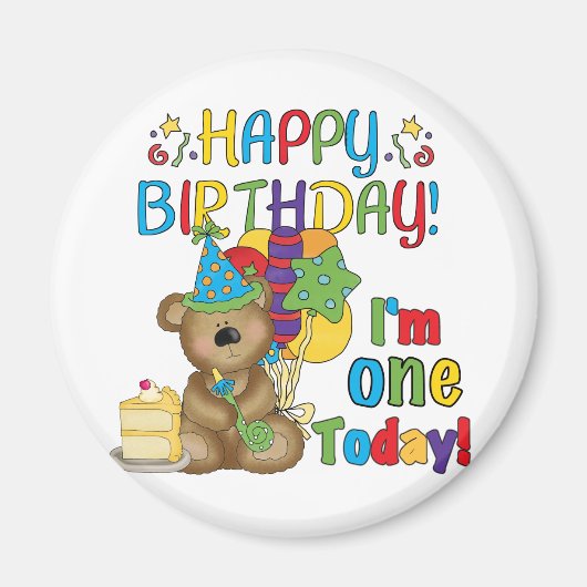 Happy Birthday Teddy Bär 1. T - Shirt und Geschenk Magnet (Vorne)