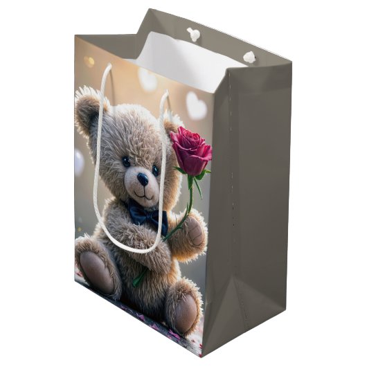 Happy Birthday Teddy Bär mit Rote Rose Mittlere Geschenktüte (Vorderseite Schrägansicht)