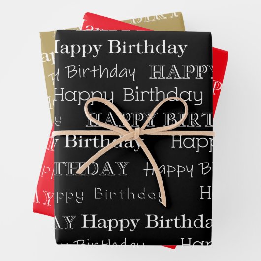 Happy Birthday Text Covered Black Red Gold Geschenkpapier Set (Beispiel)