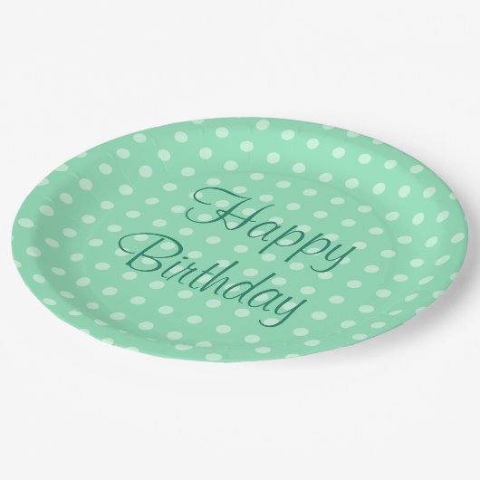 Happy Birthday Text Dots Rustic Polka Minze Green Pappteller (Schrägansicht)