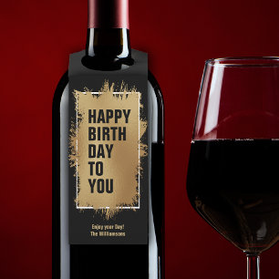 HAPPY BIRTHDAY Text Gold Foil auf schwarz Flaschenanhänger