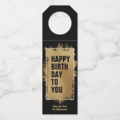 HAPPY BIRTHDAY Text Gold Foil auf schwarz Flaschenanhänger (Vorderseite)