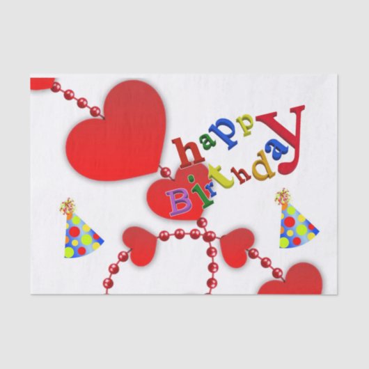 Happy Birthday Tissue Paper Red Hearts Seidenpapier (Vorderseite)