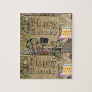 Happy Birthday Tools Cake Birds Vintage Puzzle