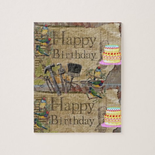Happy Birthday Tools Cake Birds Vintage Puzzle (Vertikal)
