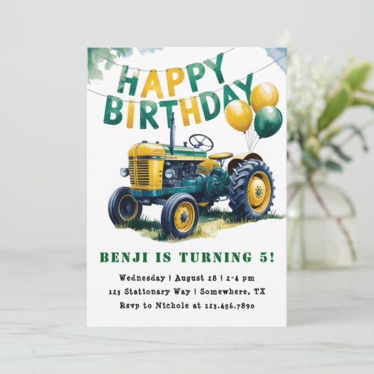 Happy Birthday Tractor Boy Birthday Bash Einladung (Stehend Vorderseite)