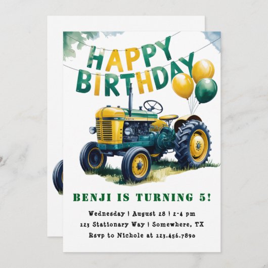 Happy Birthday Tractor Boy Birthday Bash Einladung (Vorne/Hinten)