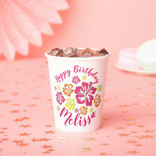 Happy Birthday Tropical Hawaiian Hibiskus Blume Pappbecher