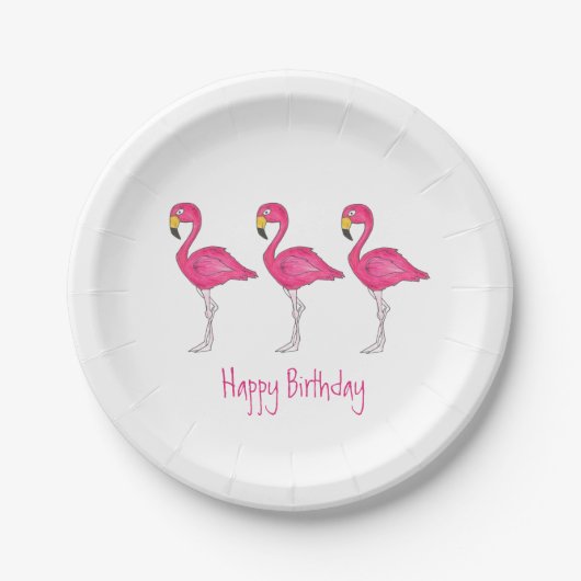 Happy Birthday Tropical Island Pink Flamingo Bird Pappteller (Vorderseite)