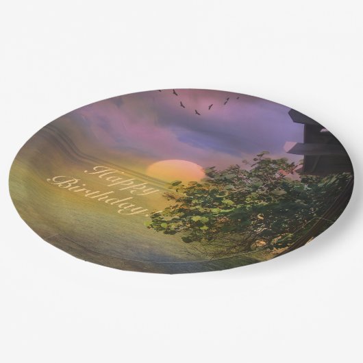 Happy Birthday Tropical Sunset Pappteller (Schrägansicht)