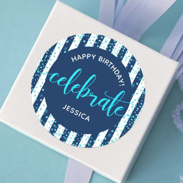 Happy Birthday Türkis Glitzer Script Navy White Runder Aufkleber