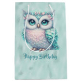 Happy Birthday Türkis Owl on Shiny Aqua Mittlere Geschenktüte (Vorderseite)