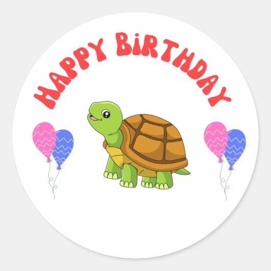 Happy Birthday Turtle Card with Balloons - Runder Aufkleber (Vorderseite)