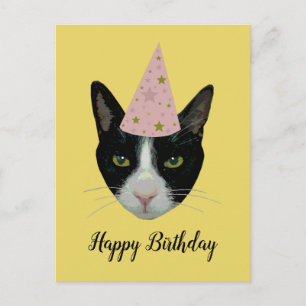 Happy Birthday - Tuxedo Cat mit Party Hat Einladungspostkarte