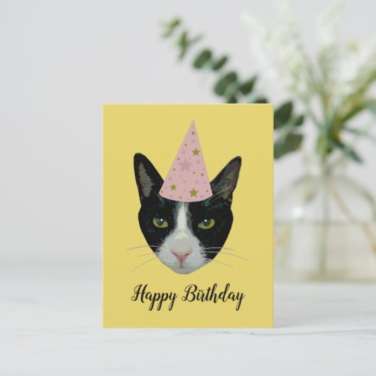 Happy Birthday - Tuxedo Cat mit Party Hat Einladungspostkarte (Stehend Vorderseite)