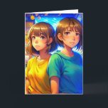 Happy Birthday Twin Sister | Anime Girls Karte<br><div class="desc">Geburtskarte für eine Zwillingsschwester. Farbenfrohe Anime Kids in der Stadt ai art. generativekonzent</div>