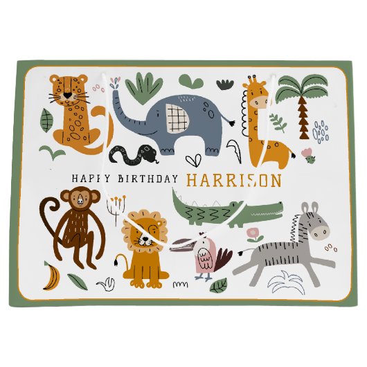 Happy Birthday Two Wild Safari Tiere Kinder Große Geschenktüte (Vorderseite)