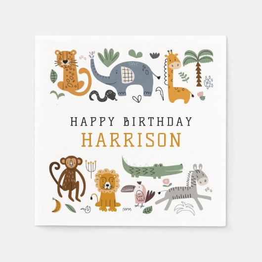 Happy Birthday Two Wild Safari Tiere Kinder Serviette (Vorderseite)