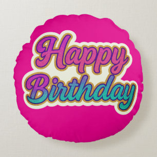 Happy Birthday Typografy Design in Pink, Lila a Rundes Kissen