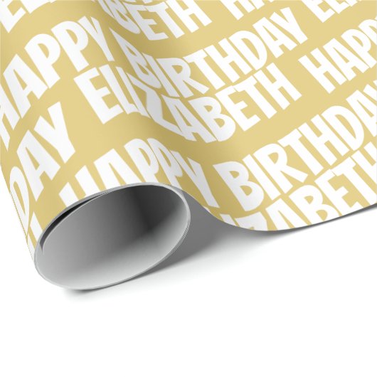 Happy Birthday und Name Text Muster Elegantes Gold Geschenkpapier (Rolleneckpunkt)