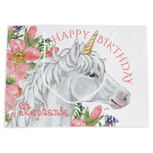 Happy Birthday Unicorn Niedlich Floral Personalisi Große Geschenktüte