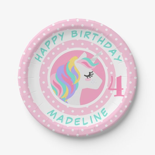 Happy Birthday | Unicorn Pastel Polka Dots Pappteller (Vorderseite)