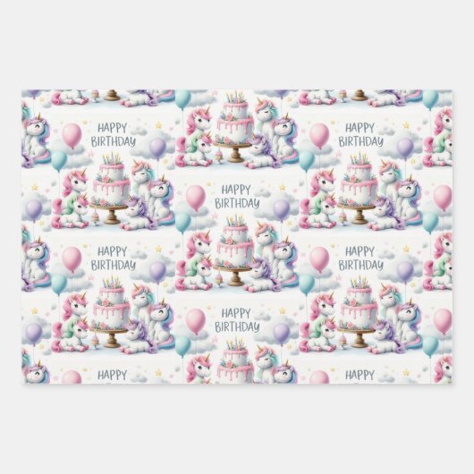Happy Birthday Unicorn Themed Geschenkpapier Set (Vorderseite)