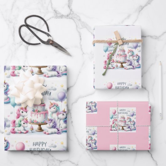 Happy Birthday Unicorn Themed Geschenkpapier Set (Vorderseite)