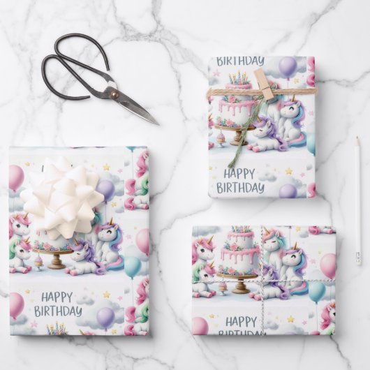 Happy Birthday Unicorn Themed Geschenkpapier Set (Vorderseite)