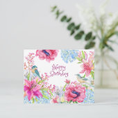 Happy Birthday Vibranly Watercolor Blume & Vögel Postkarte (Stehend Vorderseite)