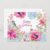 Happy Birthday Vibranly Watercolor Blume & Vögel Postkarte (Vorne/Hinten)