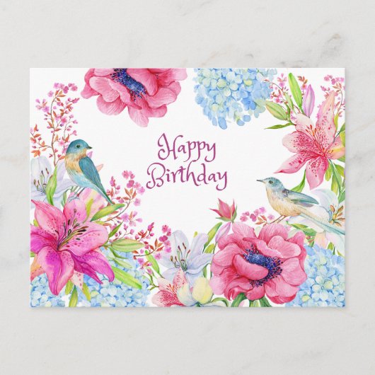 Happy Birthday Vibranly Watercolor Blume & Vögel Postkarte (Vorderseite)