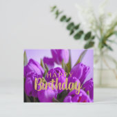 Happy Birthday Vibrant Lila Tulip Blume Postkarte (Stehend Vorderseite)
