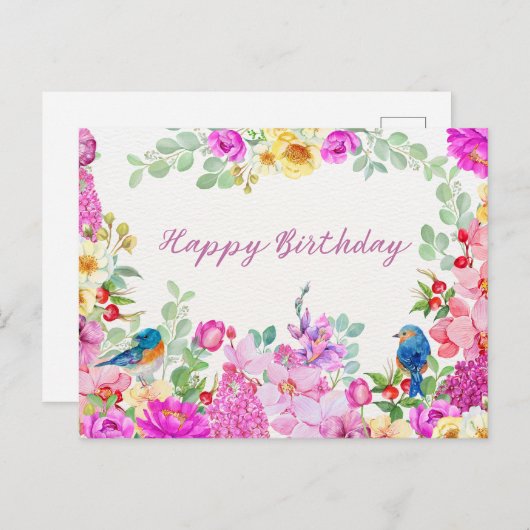 Happy Birthday Vibrany Watercolor Blume Postkarte (Vorne/Hinten)